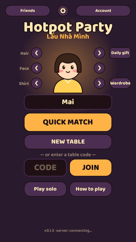Lobby: pick your look, quick match or create a table