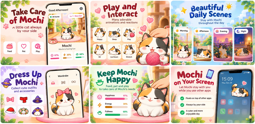 Meow Widget: take care of Mochi, play, daily scenes, dress up, keep Mochi happy and Mochi on your screen